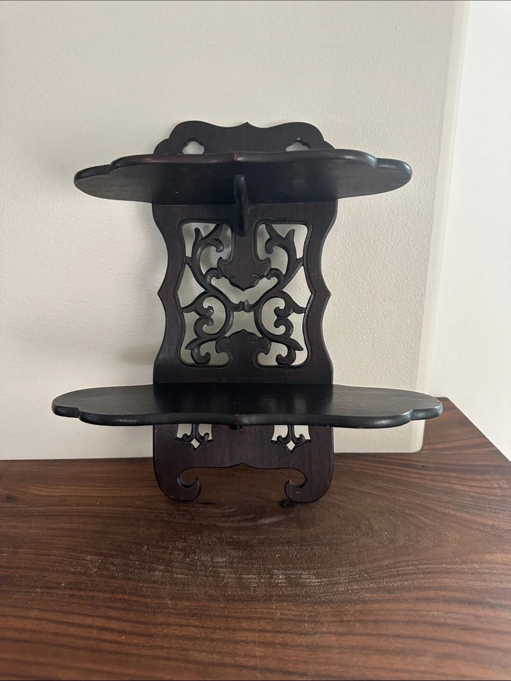 Vintage Victorian Carved Dark Wood Wall Shelf - Decorative Two-Tier Display